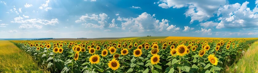 Fototapeta premium Stunning Field of Radiant Sunflowers Under a Bright Summer Sky