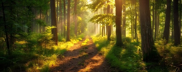 Sunlit Forest Path with Tall Trees and Dappled Light in Summer Landscape