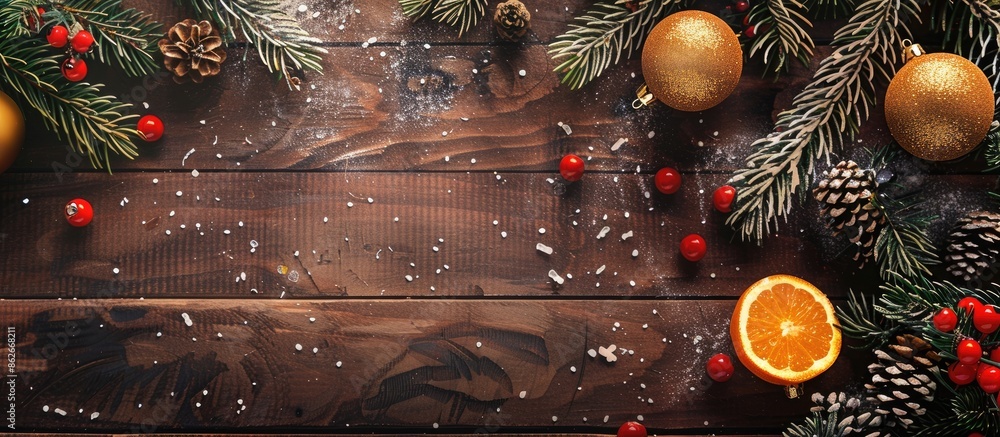 Aufkleber festive christmas and new year background with lovely decorations on a wooden backdrop with copy spa