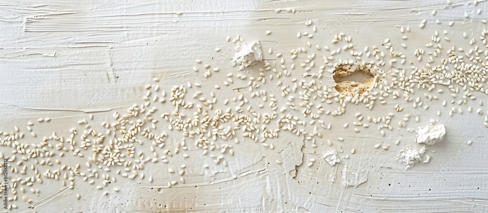 Poster White wood background with sesame seed variations set on a creased canvas creating an artistic display with copy space image.