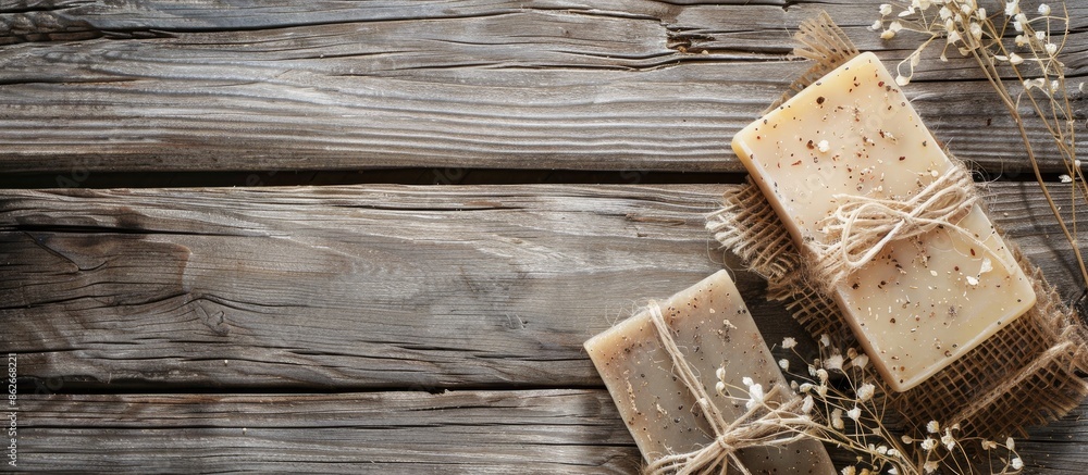 Poster Handmade organic soap and facial cleanser displayed on a rustic wood background with ample copy space image.