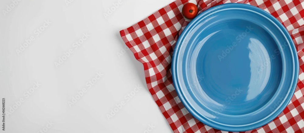 Aufkleber a blue plate rests on a red checkered napkin against a white background providing ample space for ad