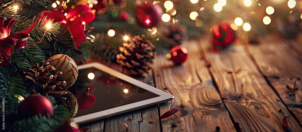 Poster festive christmas background featuring a digital tablet with ample copy space image.