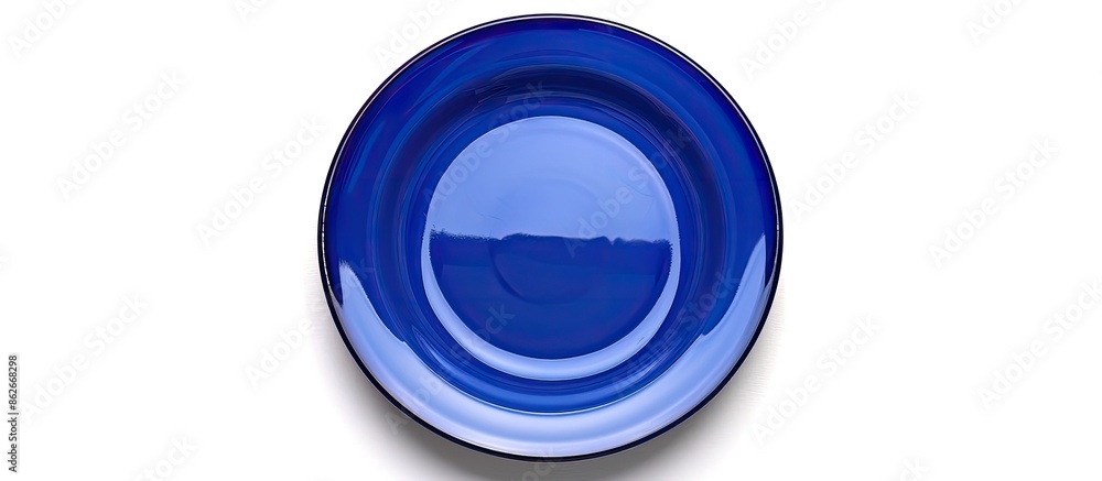 Poster circular blue plate positioned on a blank white backdrop with available copy space image.