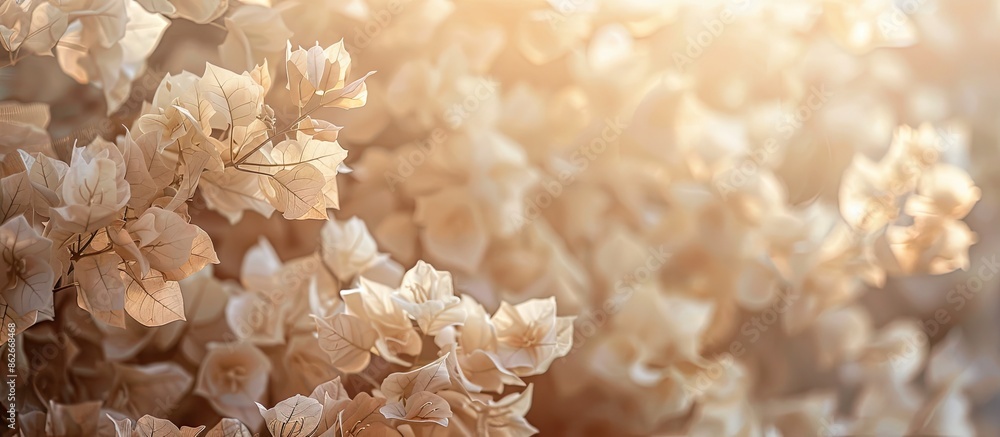 Poster Background of white to brown blooming bougainvillea flowers, creating a floral blur background with space for text. Copy space image. Place for adding text and design