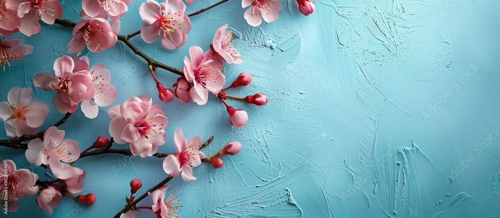 Poster cherry blossom flowers on a blue background in a top view setting with space for text or images. cop