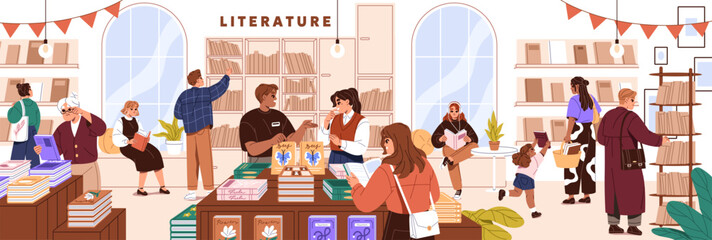Diverse people choose books on bookshelves panorama. Customers make choice of novel, textbook to buy in bookstore. Library, literature store interior with reading buyers. Flat vector illustration