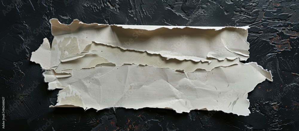 Poster a torn paper fragment with ragged edges set on a dark backdrop, offering a blank space for images. c