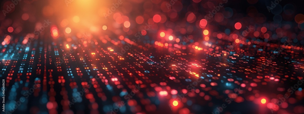 Poster abstract digital matrix with glowing red and blue lights representing data and technology banner.