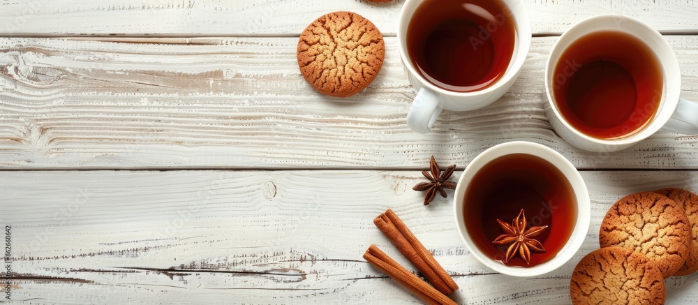 Poster black tea accompanied by cookies and cinnamon presented on a white wooden backdrop with copy space i