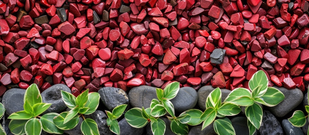Poster background and texture featuring decorative red pebbles used around plants in garden or backyard, id