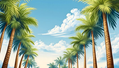 Fototapeta premium Green palm trees in a row at the roadside