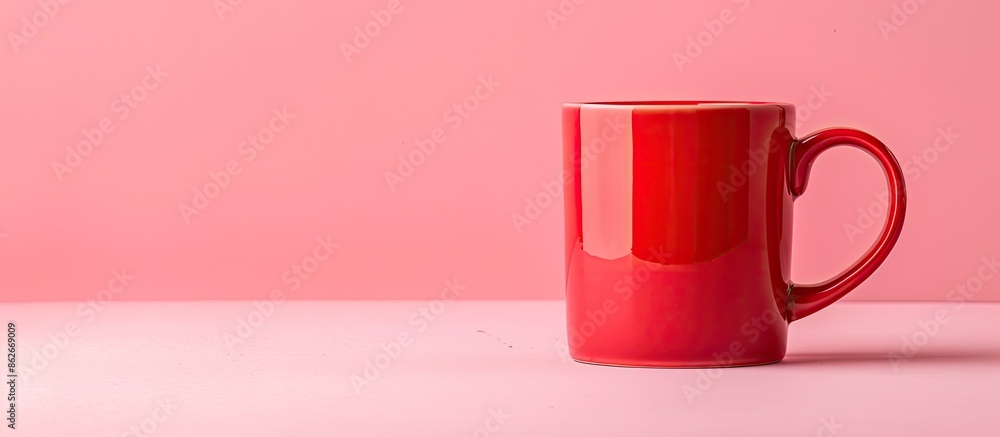 Poster a single red ceramic mug is placed against a pink backdrop, offering ample copy space image.