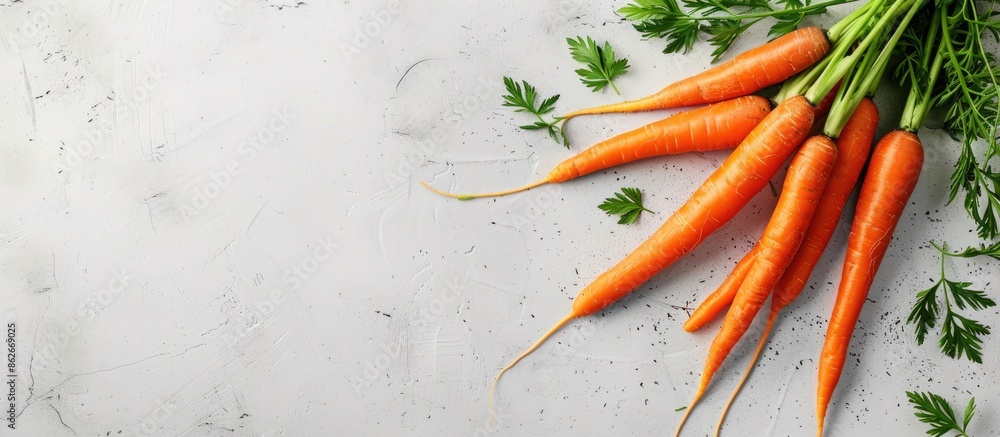 Poster vibrant organic carrots displayed on a white backdrop with ample copy space image.