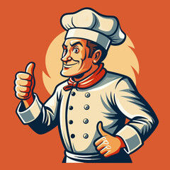 Stylish restaurant chef wearing a European chef's hat, with his thumb raised in approval, smiling as he walks towards something
