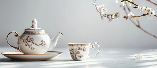 Fototapeta premium Porcelain teapot and teacup elegantly displayed against a white backdrop with copy space image.