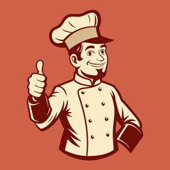 Stylish restaurant chef wearing a European chef's hat, with his thumb raised in approval, smiling as he walks towards something