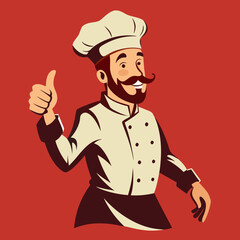 Stylish restaurant chef wearing a European chef's hat, with his thumb raised in approval, smiling as he walks towards something