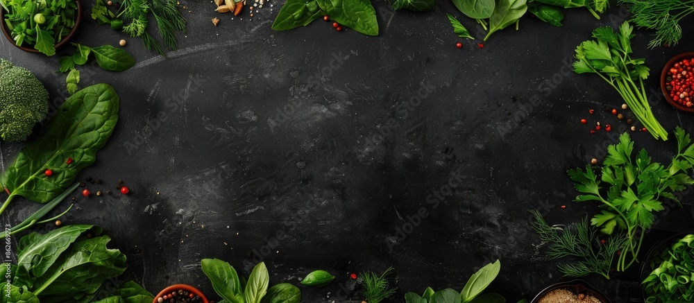 Poster a black chalkboard with a frame of spinach, dill, parsley, various spices, condiments, and a dark st