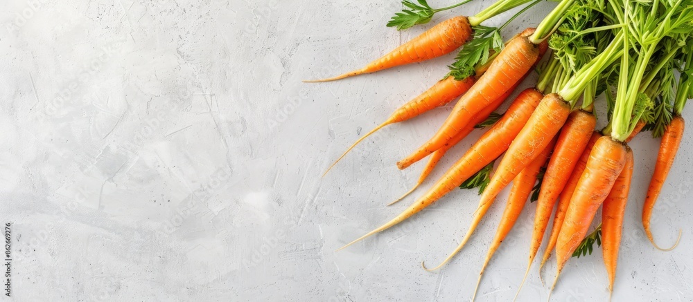 Poster vibrant organic carrots displayed on a white backdrop with ample copy space image.