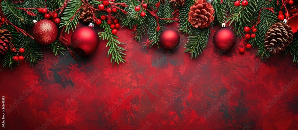 Aufkleber festive christmas backdrop adorned with fir branches, red ornaments, and decorations, ideal for addi