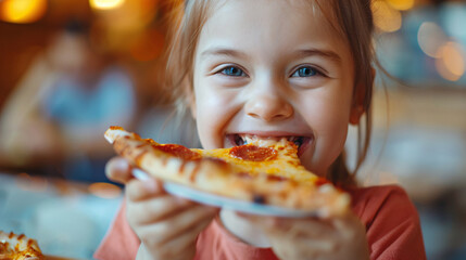 Close-up to a smiling happy little girl eating pizza in pizzeria