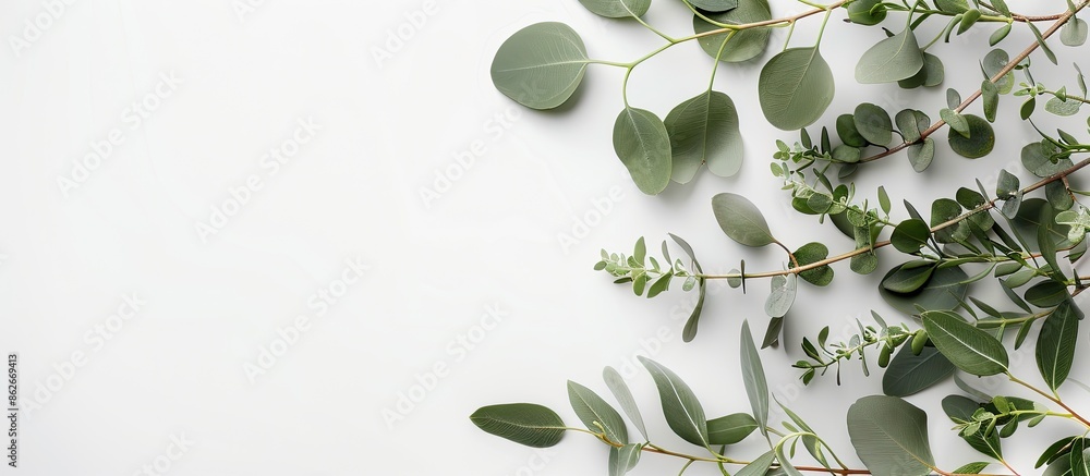 Aufkleber Eucalyptus branches on a white backdrop for aromatherapy, creating a beautiful bouquet with a place for text, copy space image.