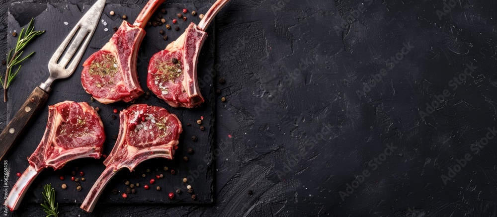 Poster Top-down view of seasoned raw lamb chops on a black backdrop. A meat fork is nearby, with additional space for text or images on the left side of the picture.