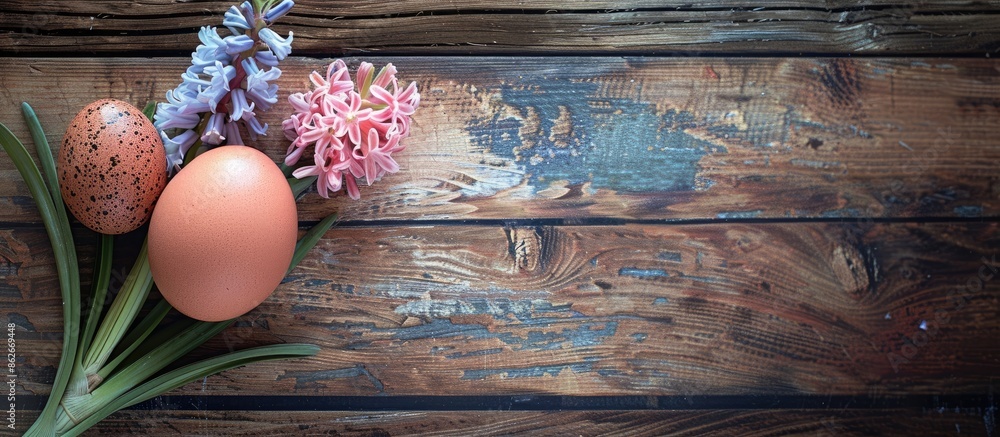 Poster naturally dyed easter egg using onion skins placed with hyacinth flower on wooden background with co