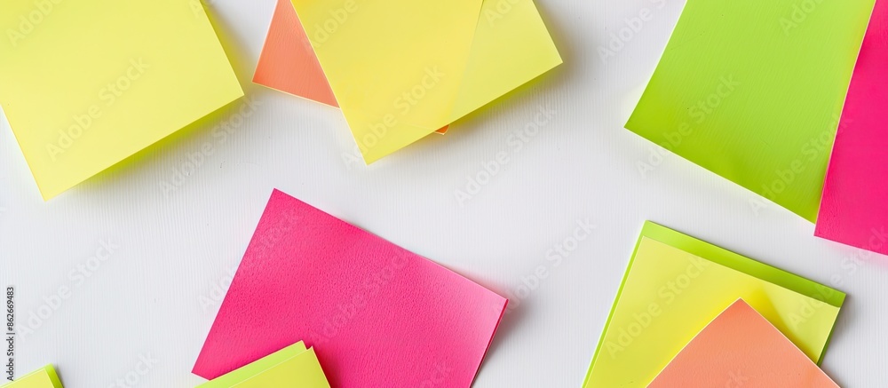 Aufkleber close-up of yellow, green, and pink sticky notes on a white background with a minimal back-to-school