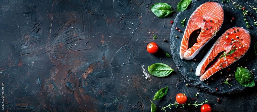 Aufkleber Salmon steaks from above with spices and available copy space image.