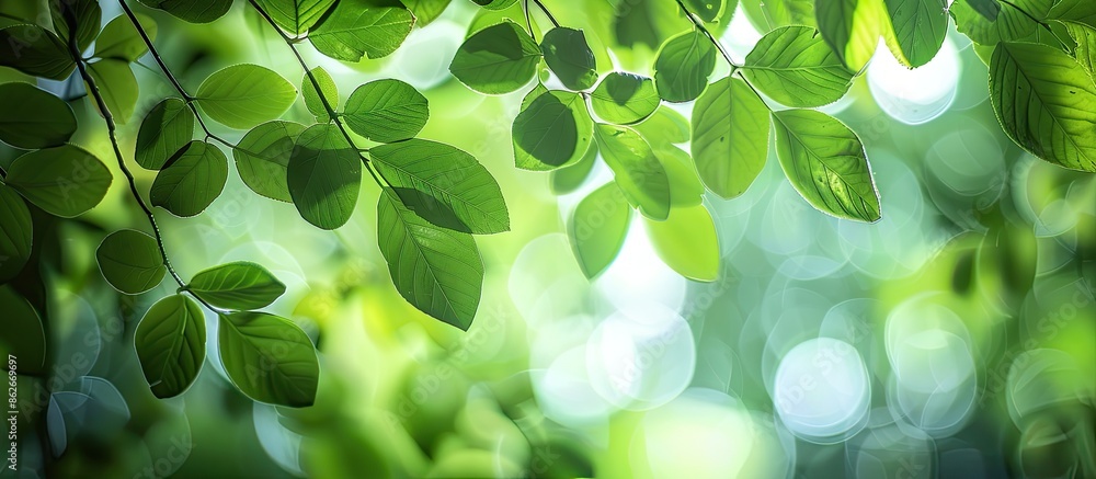 Poster abstract circular bokeh with blurred leaves creates a green leaf background ideal for design images 