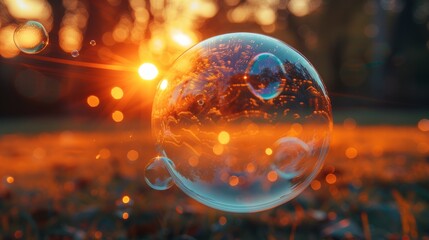 Close-up of a Shimmering Soap Bubble in the Golden Hour Light of a Beautiful Sunset – Dreamy Natural Photography
