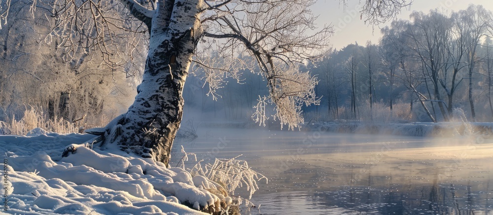 Leinwandbilder winter view of a birch tree on a riverbank covered with snow and frost, creating a serene scene with