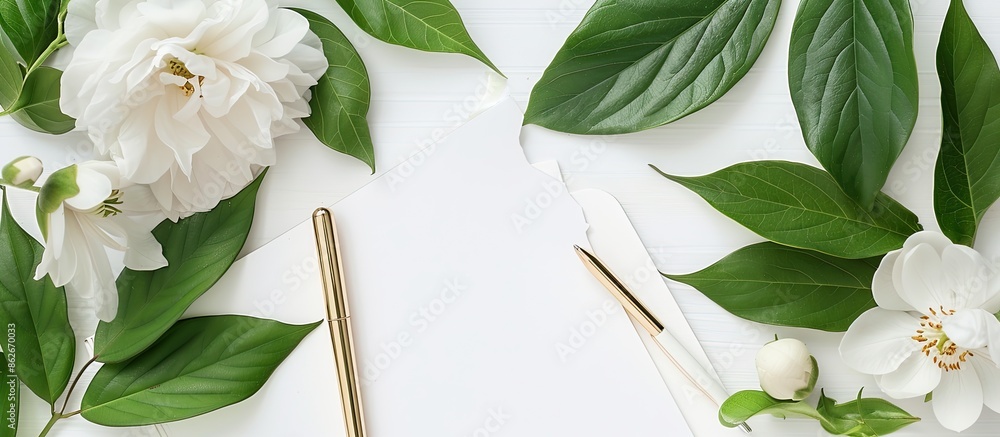 Poster flat lay arrangement with a white flower, green leaves, a white notepad, and a gold pen, creating a 