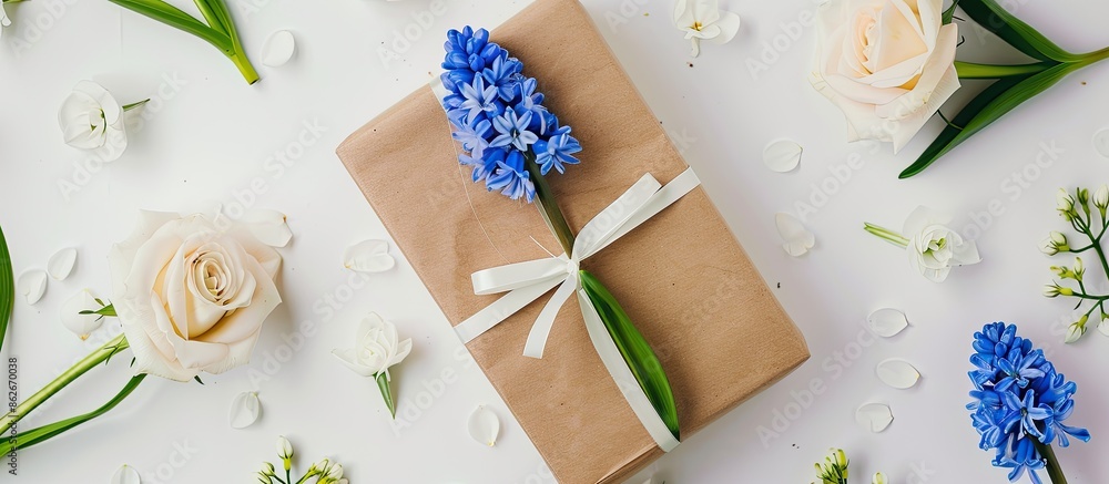 Aufkleber craft paper-wrapped gift box with blue hyacinth flowers and white roses on a white table in a flat l
