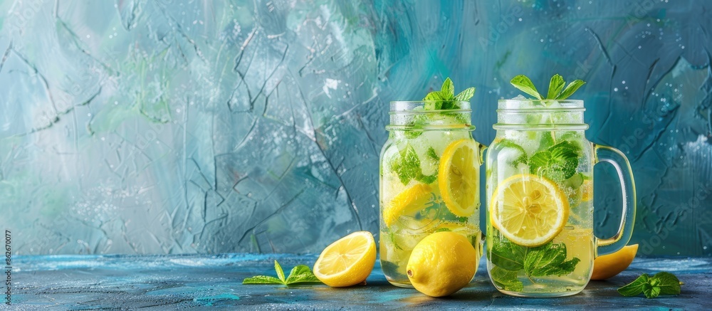 Poster mason jar glass filled with lemon lemonade and a mojito cocktail with lemon and mint on a table back