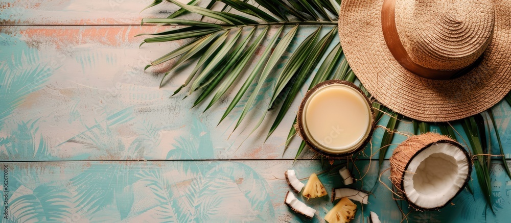 Poster top view of a tropical setup featuring a ripe pineapple, cracked coconut with milk and a hat on a fl