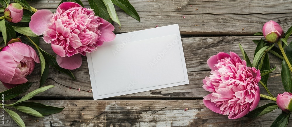 Poster rustic wooden surface adorned with white paper, pink peonies, and a copy space image - a perfect wor