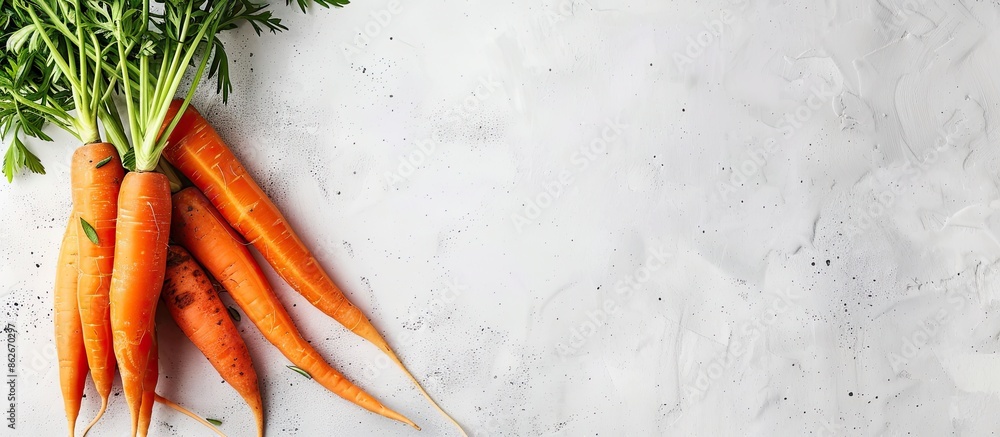 Poster vibrant organic carrots displayed on a white backdrop with ample copy space image.
