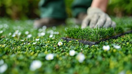A close-up shot of a hand reaching down towards the green grass and white flowers in a garden