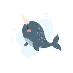 Funny cute arctic narwhal. Sea unicorns. Underwater wildlife. Friendly northern character.