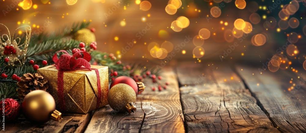 Poster christmas ornaments on a wooden table with a golden gift box, creating a festive background with cop