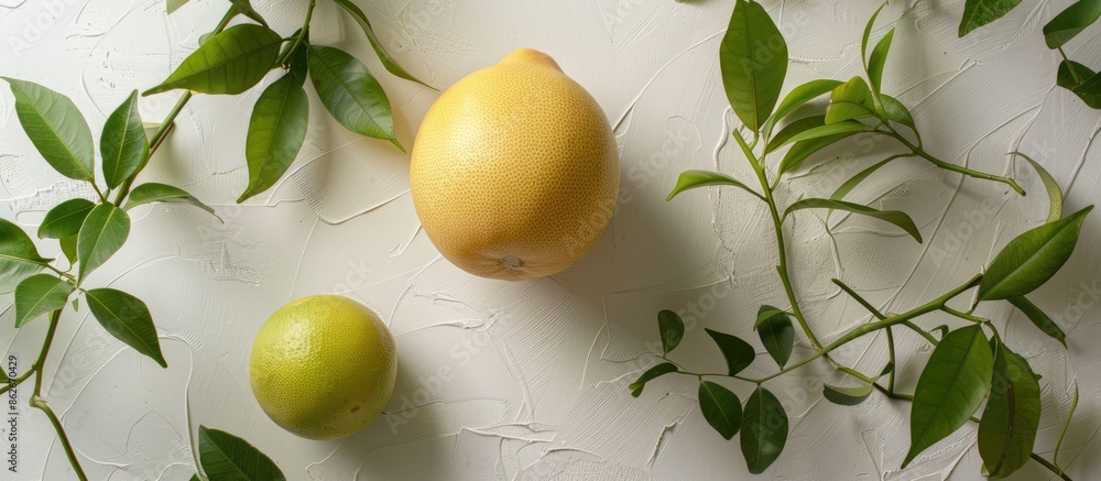 Poster a ripe pomelo fruit with fresh green twigs, placed on a white backdrop with copy space image.