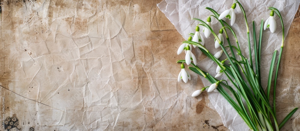 Fototapete Top view of spring snowdrops and paper as a text background for a holiday card with copy space image.