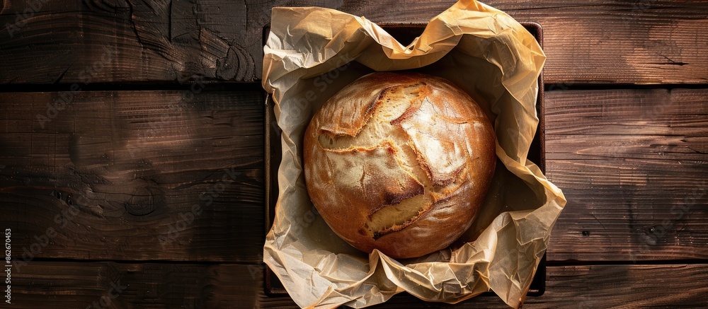 Poster a rustic sourdough bread loaf placed in a square metal baking pan with parchment paper, set on a dar