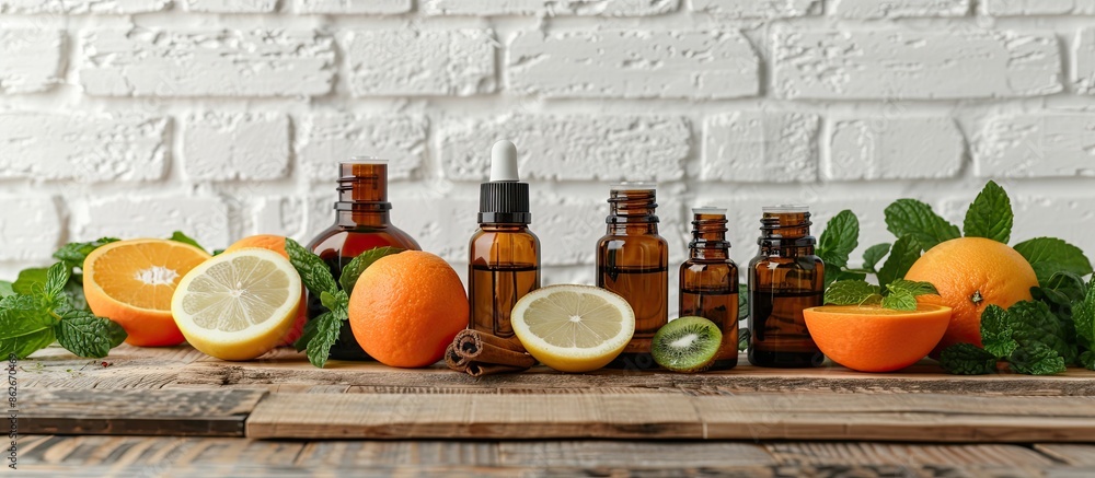 Poster Various essential oil bottles featuring a range of citrus fruits and mint, placed on a wooden surface with a white brick wall background, offering space for adding text to the image. Copy space image
