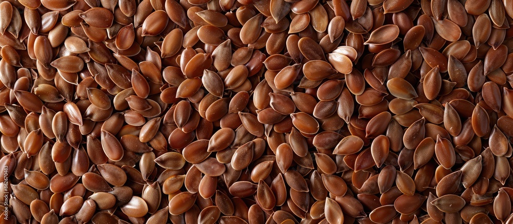 Aufkleber Top view of brown flax seeds with a detailed look. Background and texture visible in the image with empty space available for customization. Copy space image. Place for adding text and design