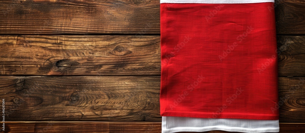 Leinwandbilder top-down view of a red kitchen napkin on a table. the cloth is folded for a mockup with a white area