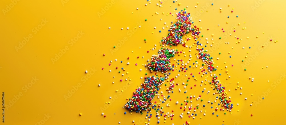 Poster A Christmas tree formed by vibrant sprinkles on a yellow background in a flat lay style, seen from a top view with copy space image.